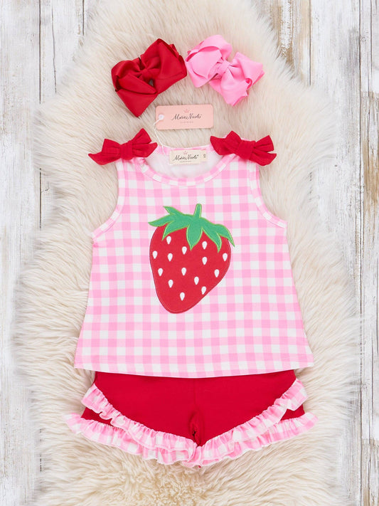 Strawberry Sweetness Embroidered Gingham Ruffle Outfit