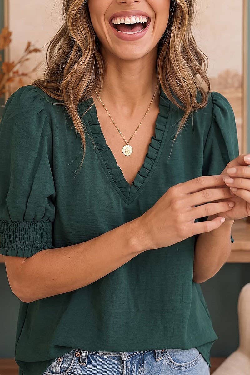 Hunter Green Ruffle Neck Puff Sleeve Blouse