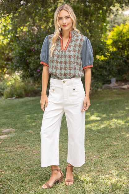 37002 Stripe Denim Sleeve Houndstooth Tweed Top