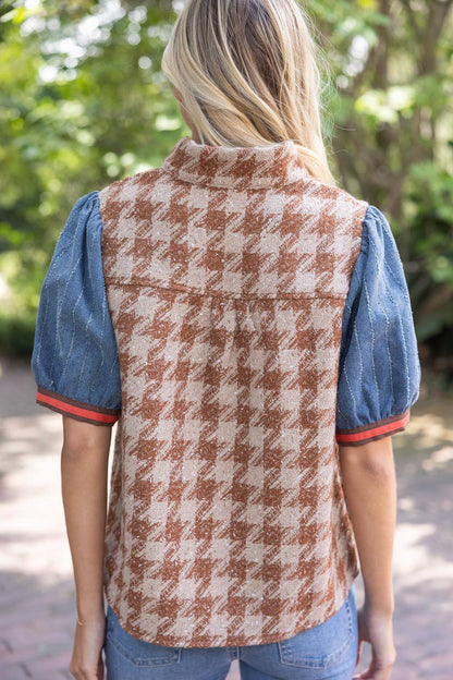 37002 Stripe Denim Sleeve Houndstooth Tweed Top
