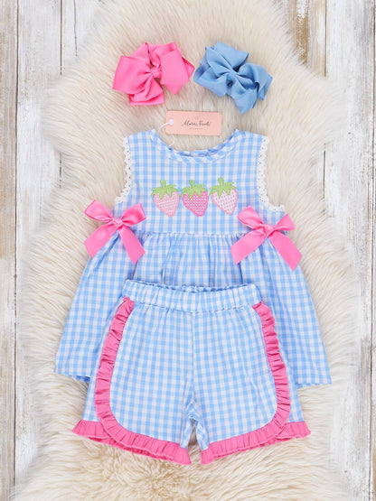 Gingham Embroidered Strawberries 100% Cotton Ruffle Outfit