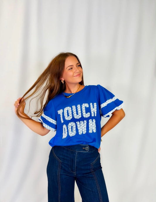 GAMEDAY THEME SLEEVE TOP WITH TOUCH DOWN PATCHWORK