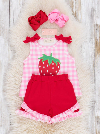 Strawberry Sweetness Embroidered Gingham Ruffle Outfit