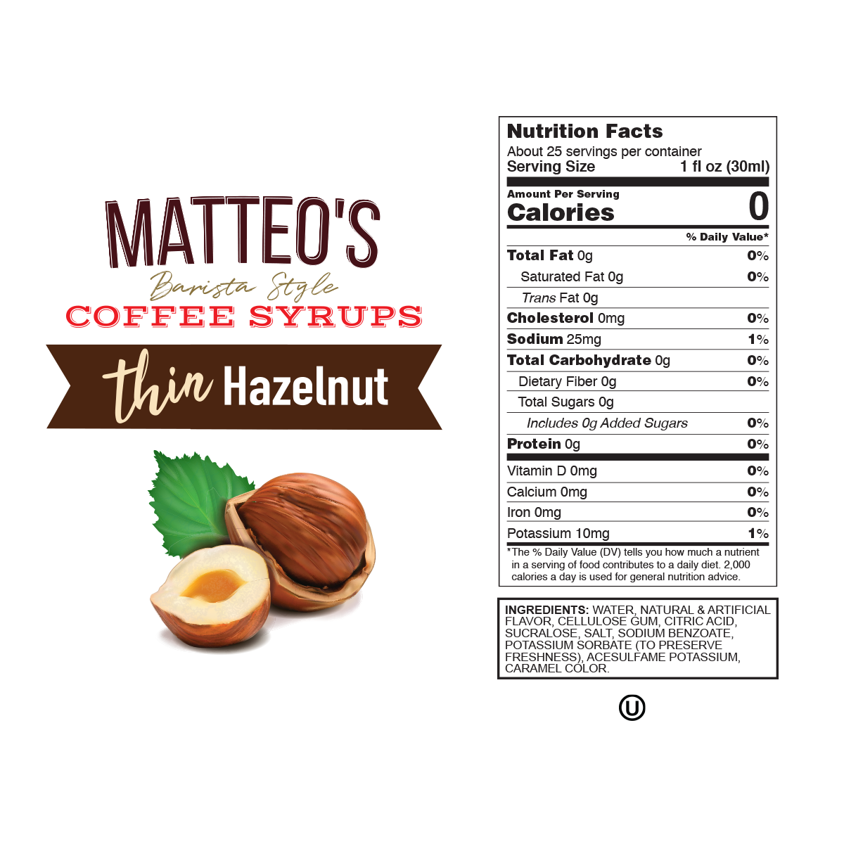 Matteo's Sugar Free Coffee Syrup, Hazelnut, 0 Calories, 0 Sugar, Keto Friendly