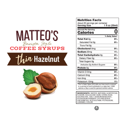 Matteo's Sugar Free Coffee Syrup, Hazelnut, 0 Calories, 0 Sugar, Keto Friendly
