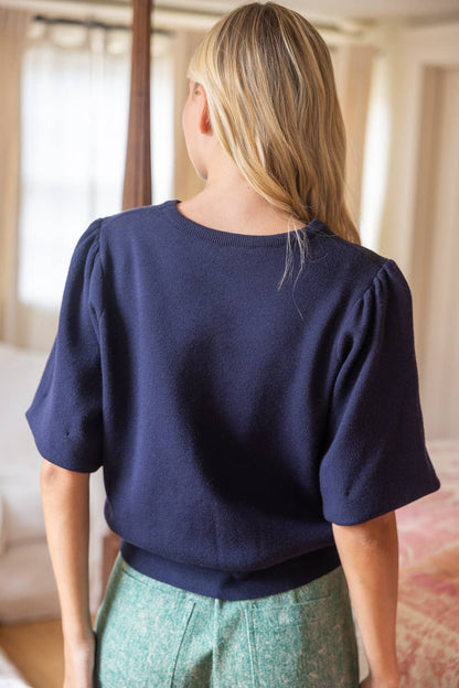 36827 Solid Knit Short Bubble Sleeve Top