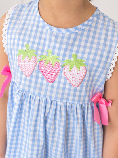 Gingham Embroidered Strawberries 100% Cotton Ruffle Outfit