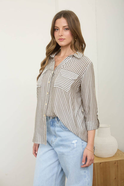 STRIPE COLLARED BUTTON DOWN LIGHTWEIGHT SHIRT