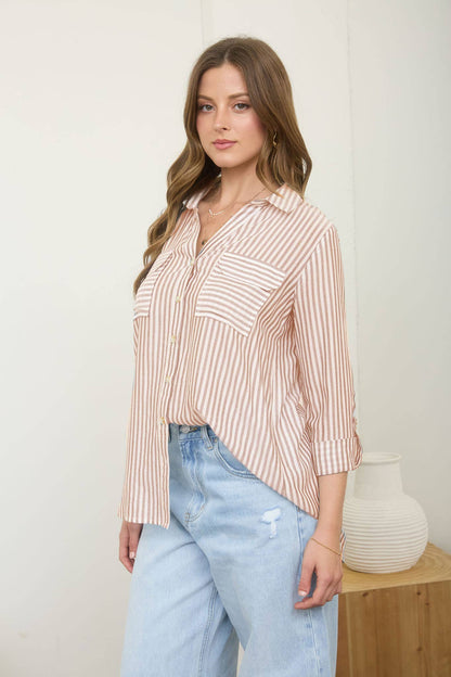 STRIPE COLLARED BUTTON DOWN LIGHTWEIGHT SHIRT