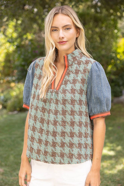 37002 Stripe Denim Sleeve Houndstooth Tweed Top