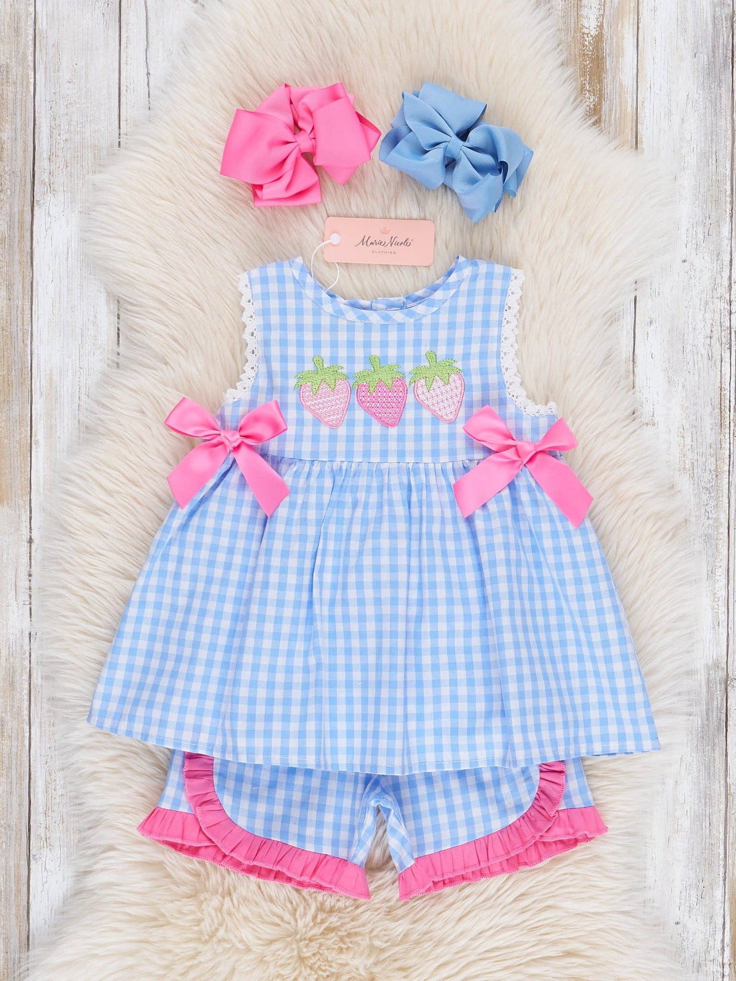Gingham Embroidered Strawberries 100% Cotton Ruffle Outfit