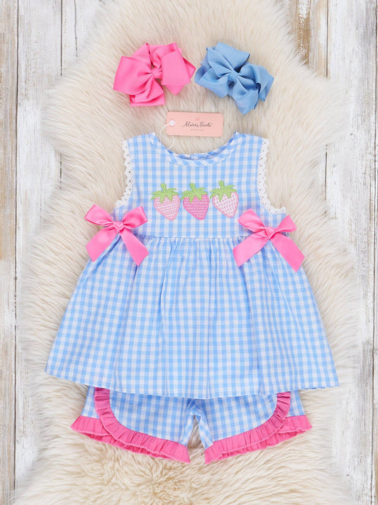 Gingham Embroidered Strawberries 100% Cotton Ruffle Outfit