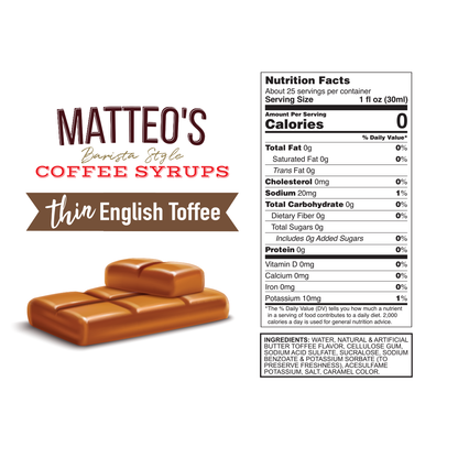 Matteo's Sugar Free Coffee Syrup, English Toffee, 0 Calories, 0 Sugar, Keto Friendly