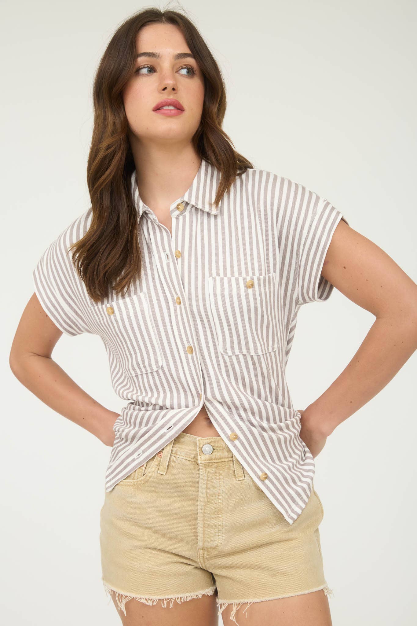 STRIPE COLLARED SHORT SLEEVE BUTTON DOWN TOP