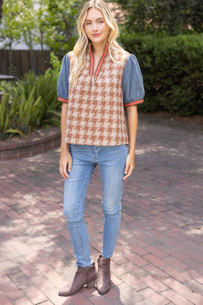 37002 Stripe Denim Sleeve Houndstooth Tweed Top