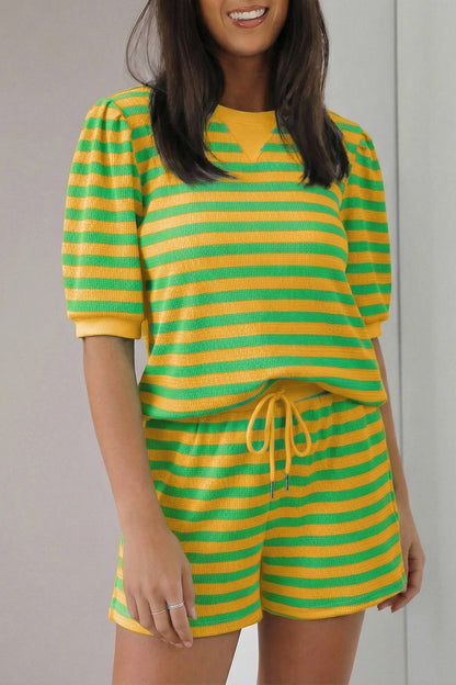 LDC Stripe Spring Puff Sleeve Shirt Matching Shorts Set|S-4X