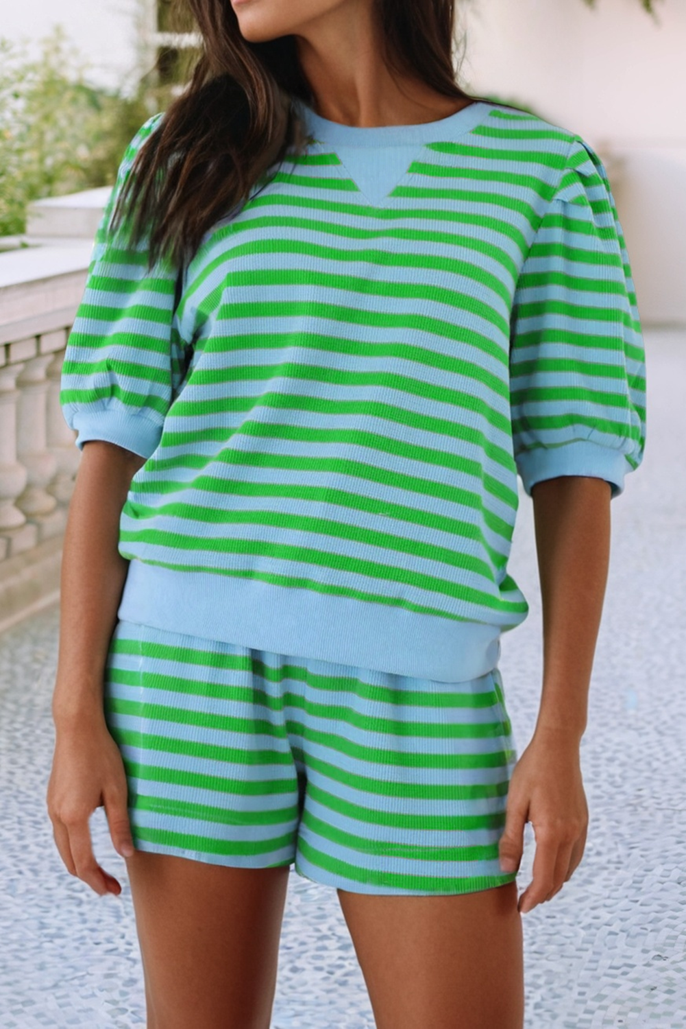 LDC Stripe Spring Puff Sleeve Shirt Matching Shorts Set|S-4X