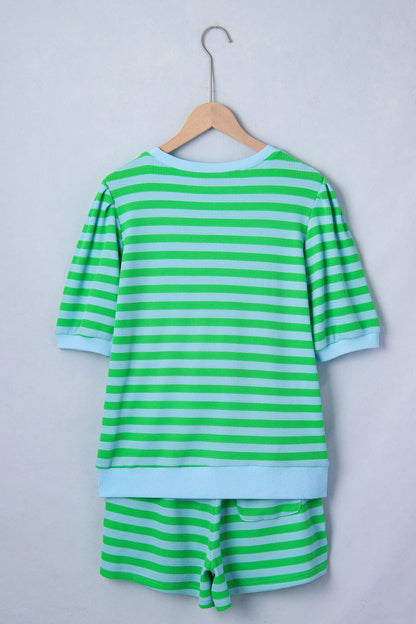 LDC Stripe Spring Puff Sleeve Shirt Matching Shorts Set|S-4X