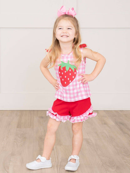 Strawberry Sweetness Embroidered Gingham Ruffle Outfit