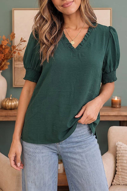 Hunter Green Ruffle Neck Puff Sleeve Blouse