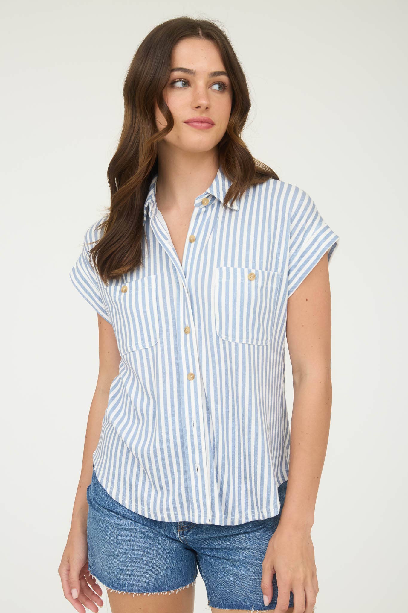 STRIPE COLLARED SHORT SLEEVE BUTTON DOWN TOP