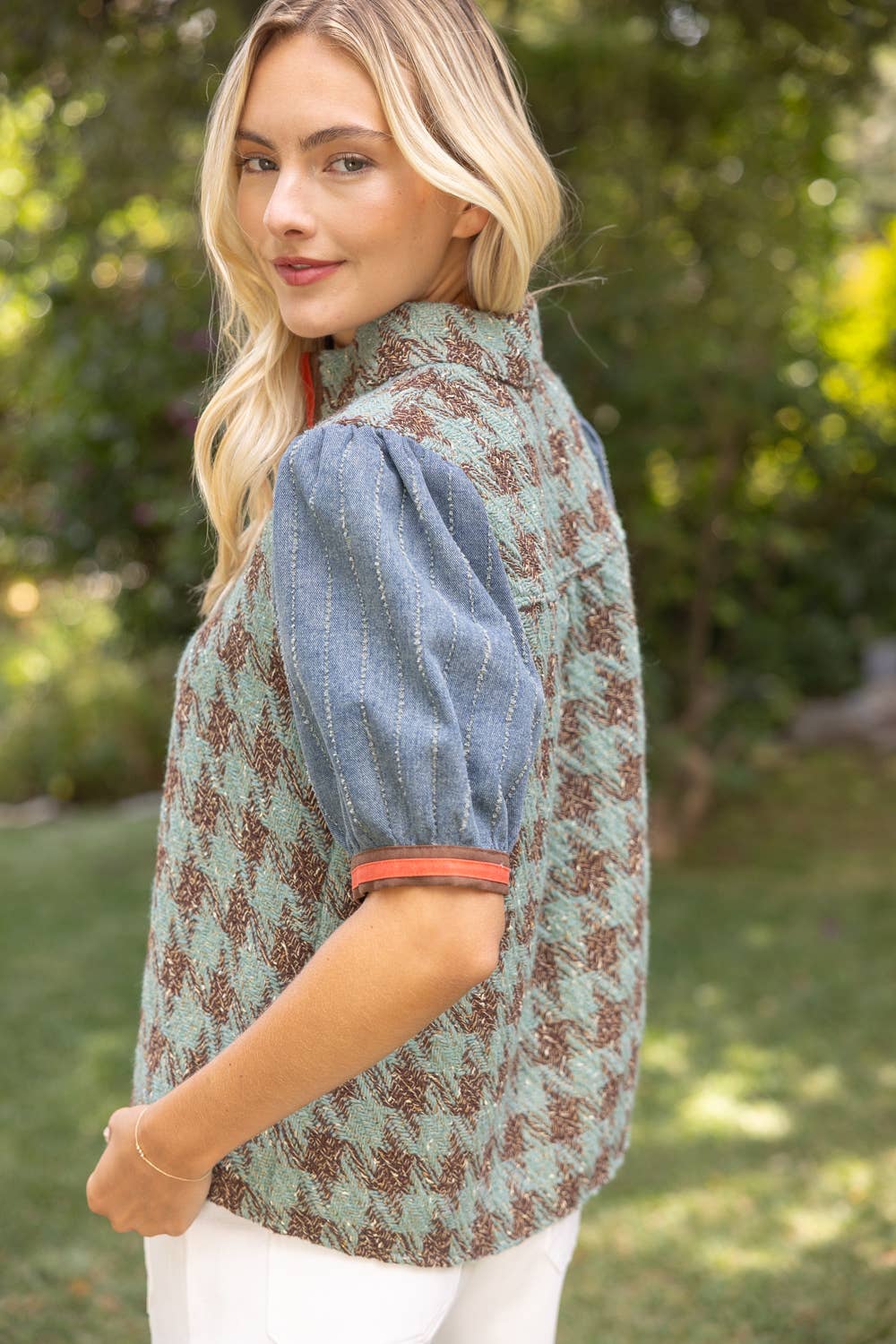 37002 Stripe Denim Sleeve Houndstooth Tweed Top