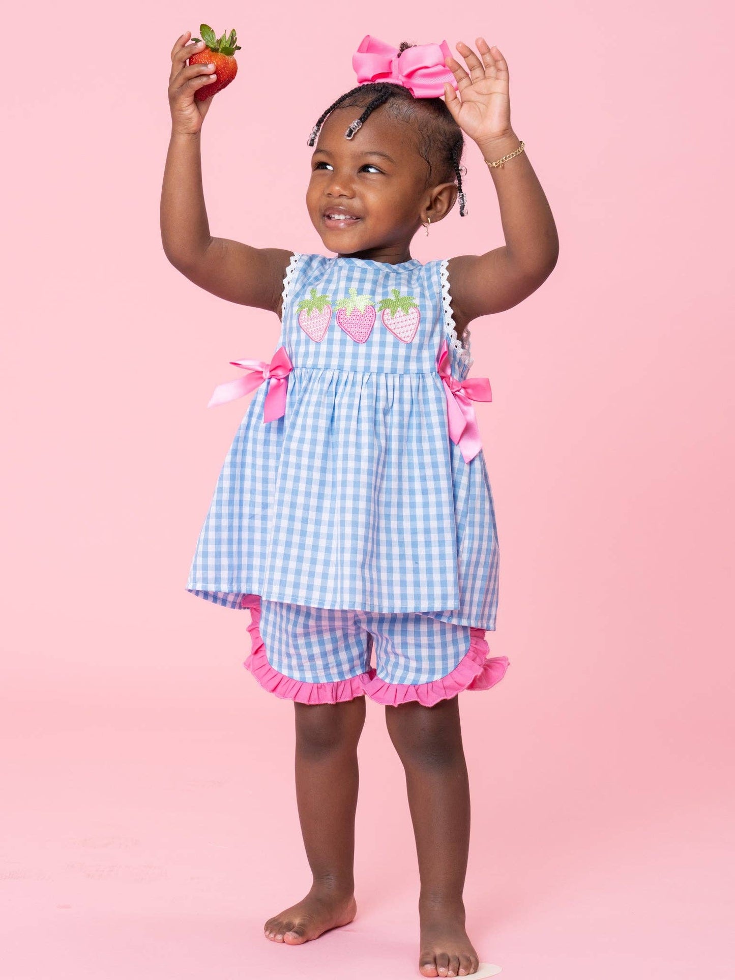 Gingham Embroidered Strawberries 100% Cotton Ruffle Outfit