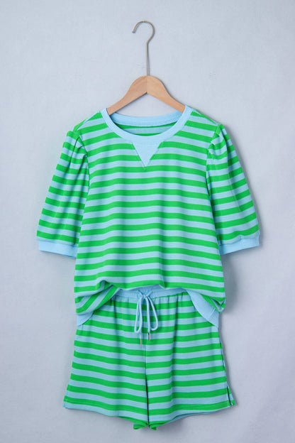 LDC Stripe Spring Puff Sleeve Shirt Matching Shorts Set|S-4X